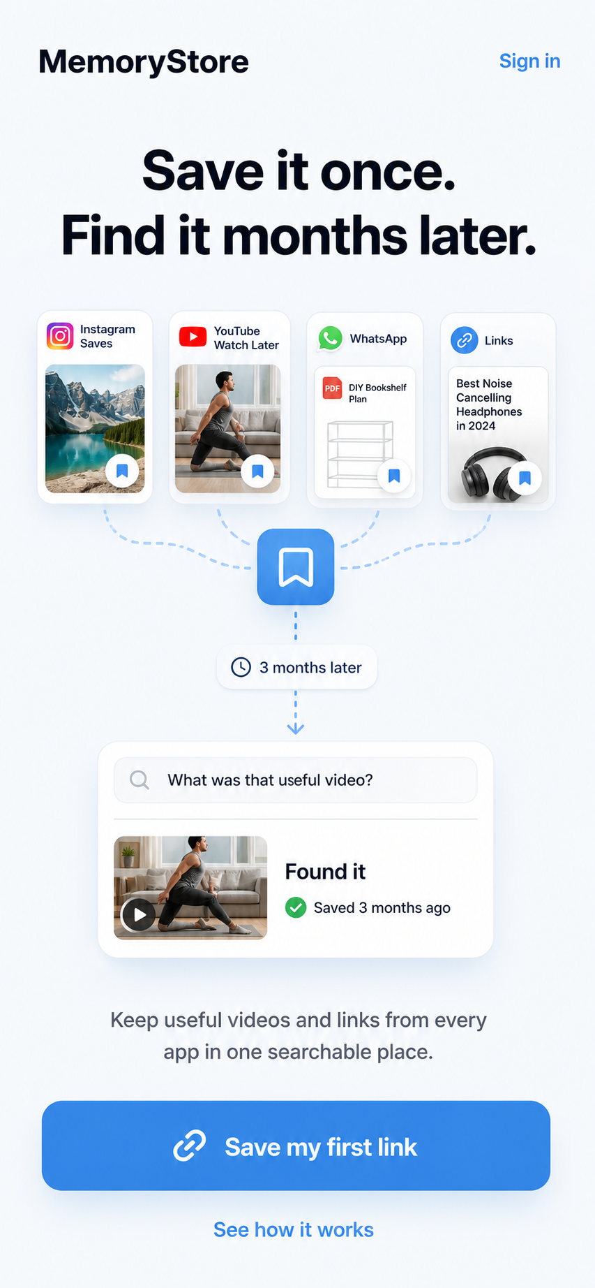 MemoryStore mobile app showing saved Instagram videos synced in a private library